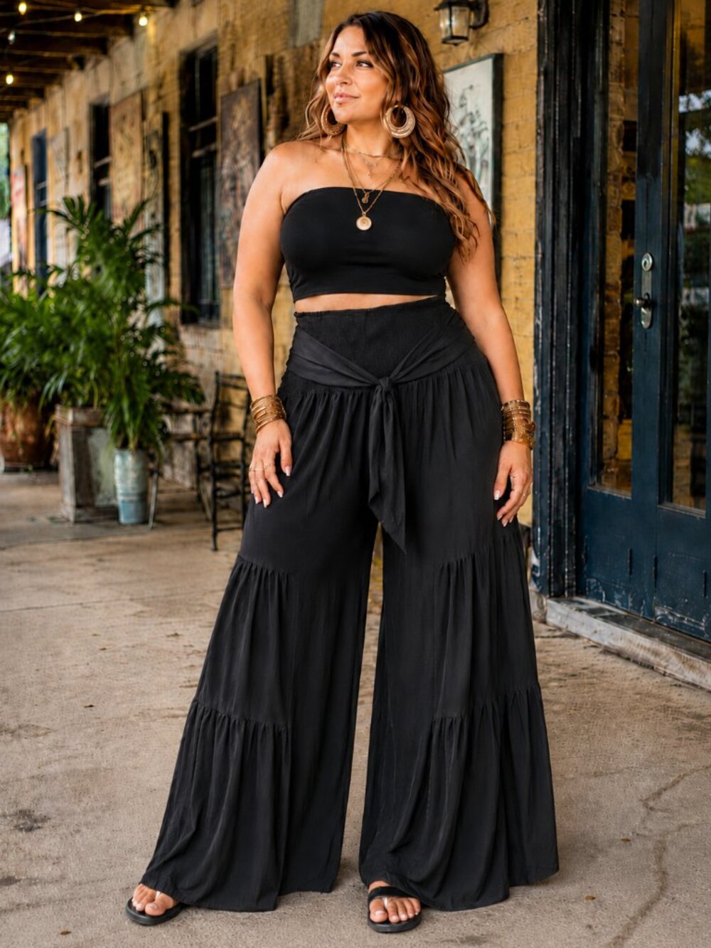 WDIRARA Women's Boho Smocked Waist Palazzo Pant Flowy Wide Leg Pants XL NEW